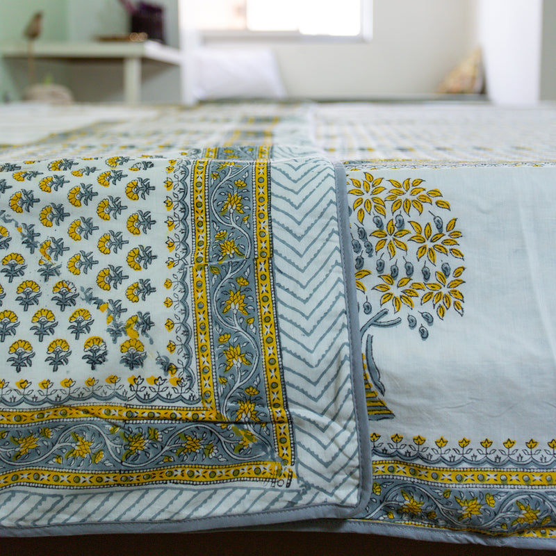 Cotton Malmal Double Dohar AC Quilt Yellow Grey Mango Tree Block Print 2