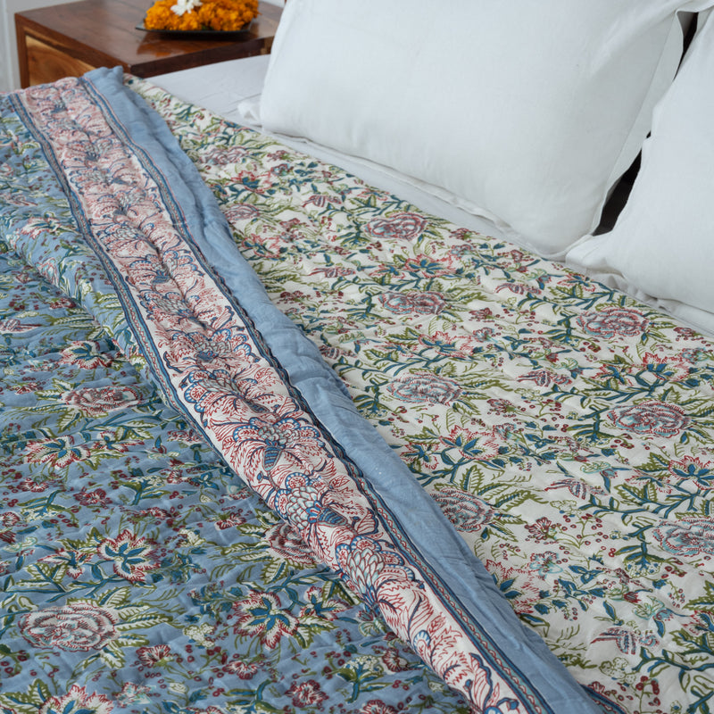 Cotton Mulmul Double Bed Razai Jaipuri Quilt Light Blue Rose Jaal Print