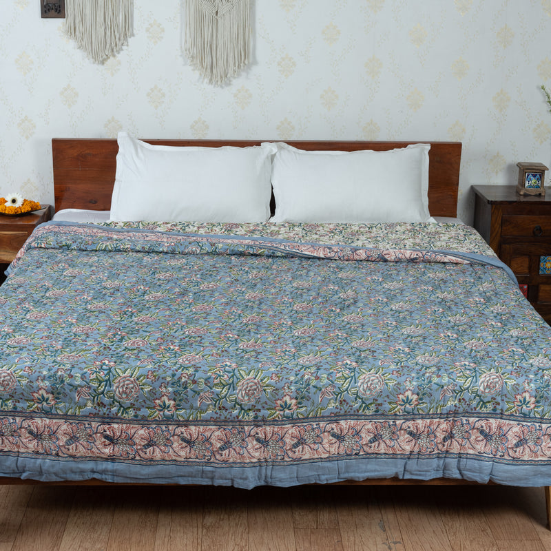 Cotton Mulmul Double Bed Razai Jaipuri Quilt Light Blue Rose Jaal Print