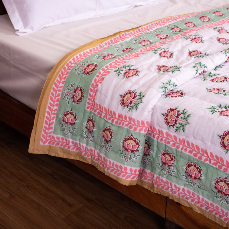 Cotton Mulmul Queen Size Jaipuri Razai Quilt - Rosebush and Petals