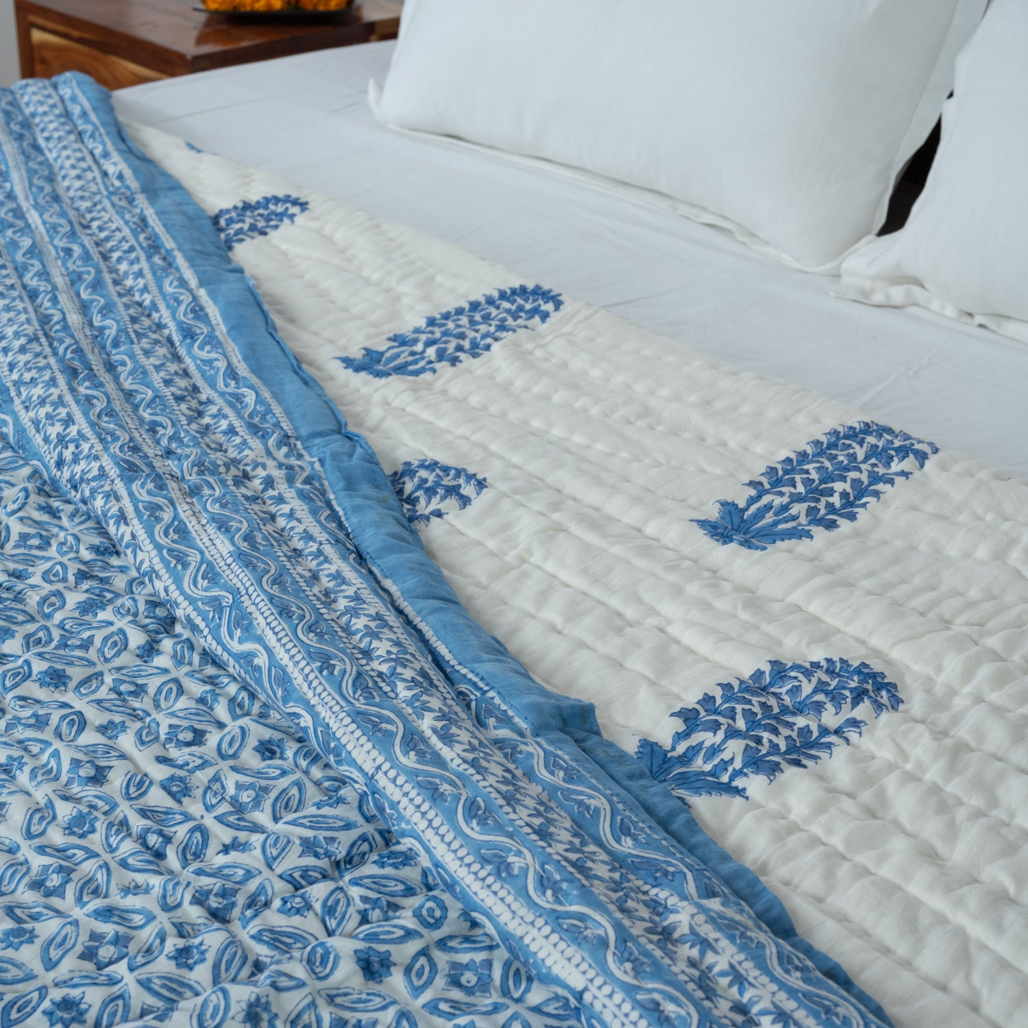 Cotton Mulmul Double Bed Razai Blue Chakri Block Print