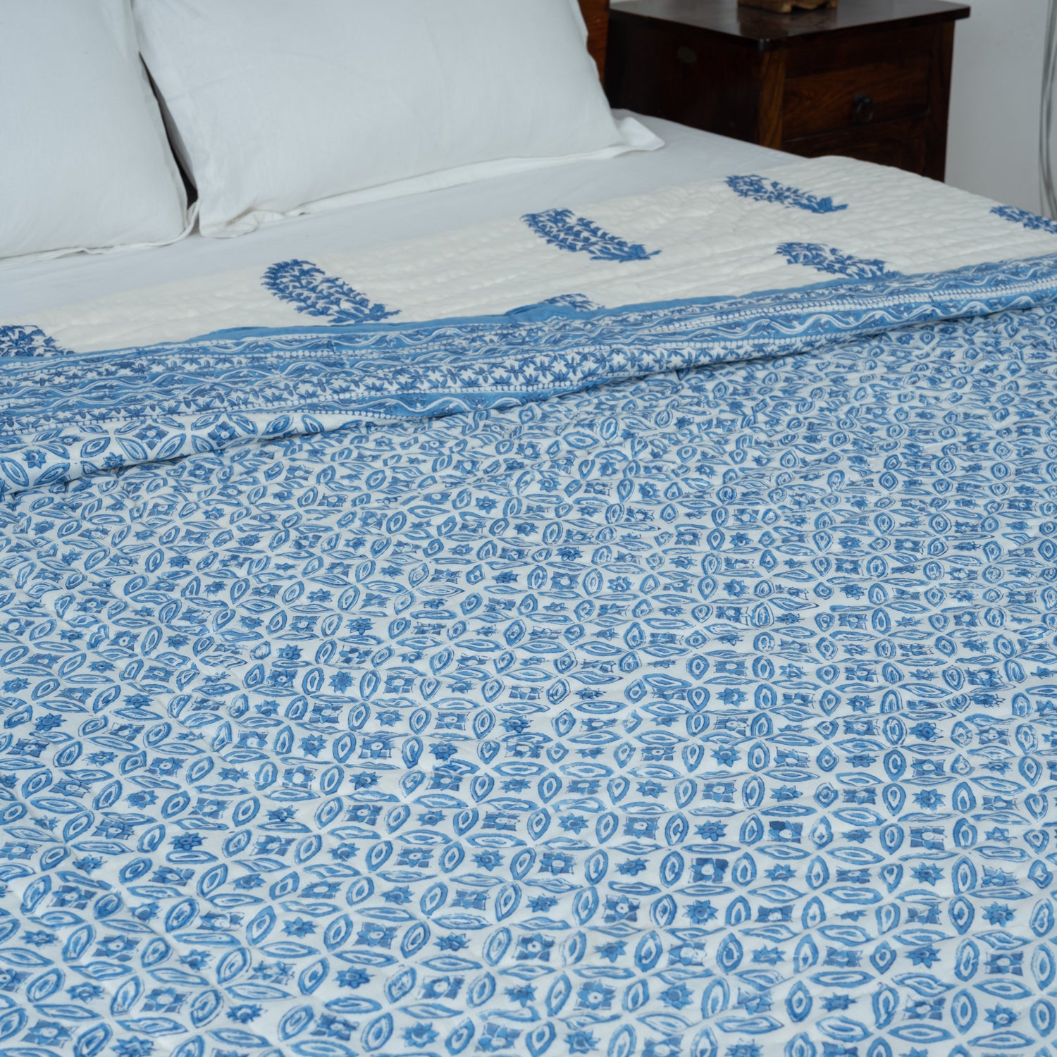 Cotton Mulmul Double Bed Razai Blue Chakri Block Print