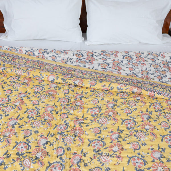 Cotton Mulmul Single Bed Razai Jaipuri Quilt Lemon Yellow Orange Floral Print
