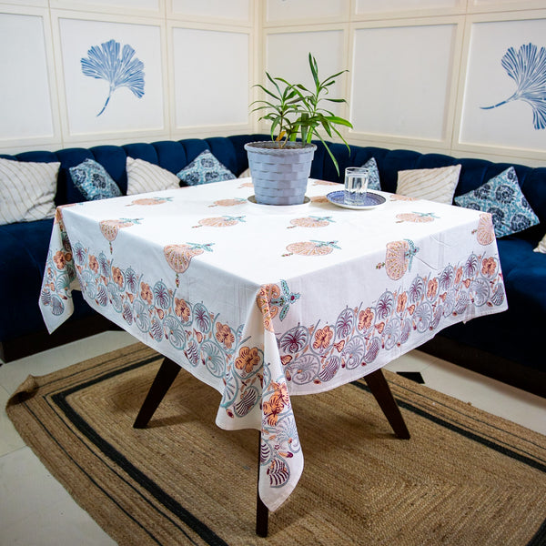 Cotton Table Cover Peach Green Morpankh Block Print