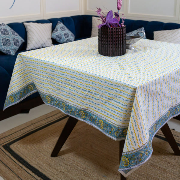 Cotton Table Cover Yellow Blue Leheriya Block Print