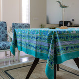 Cotton Table Cover Sea Green Blue Floral Jaal Block Print 1