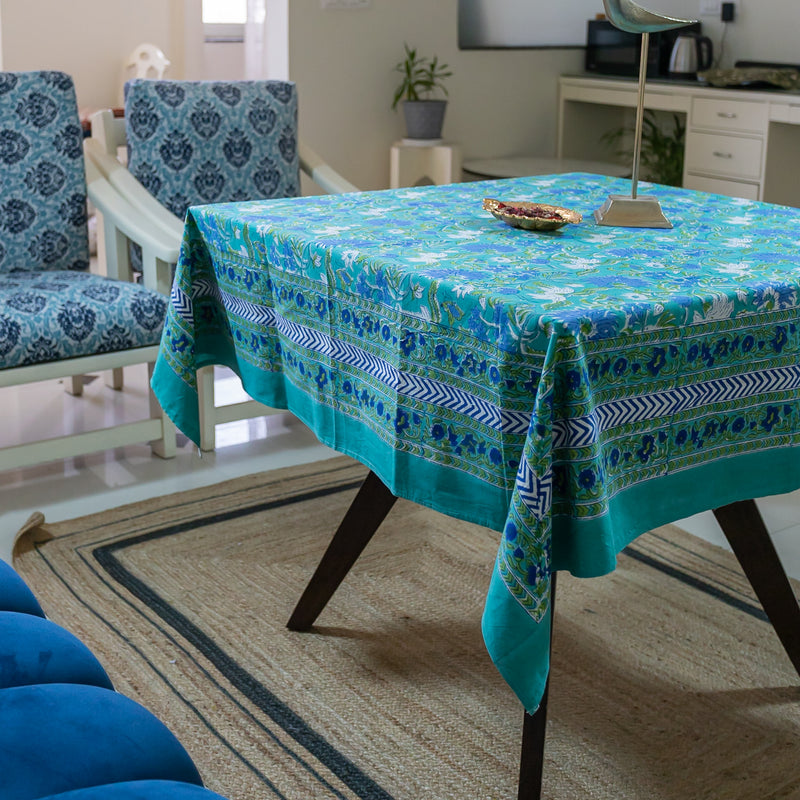 Cotton Table Cover Sea Green Blue Floral Jaal Block Print