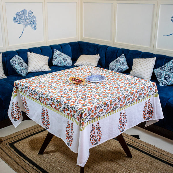 Cotton Table Cover Orange Grey Floral Jaal Block Print