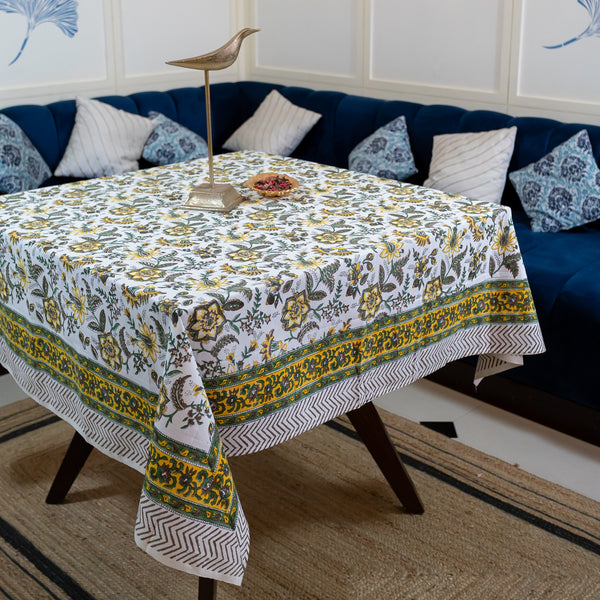 Cotton Table Cover Yellow Green Floral Jaal Block Print