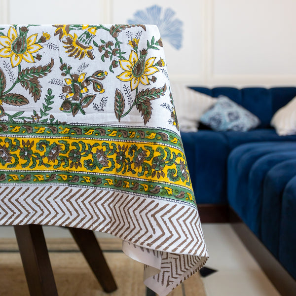 Cotton Table Cover Yellow Green Floral Jaal Block Print 1