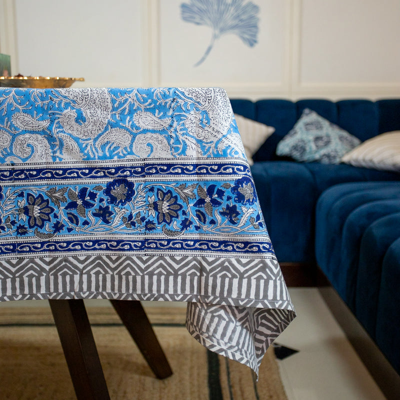 Cotton Table Cover Blue White Paisley Block Print 1