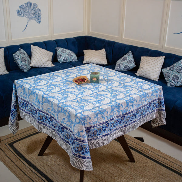 Cotton Table Cover Blue White Paisley Block Print