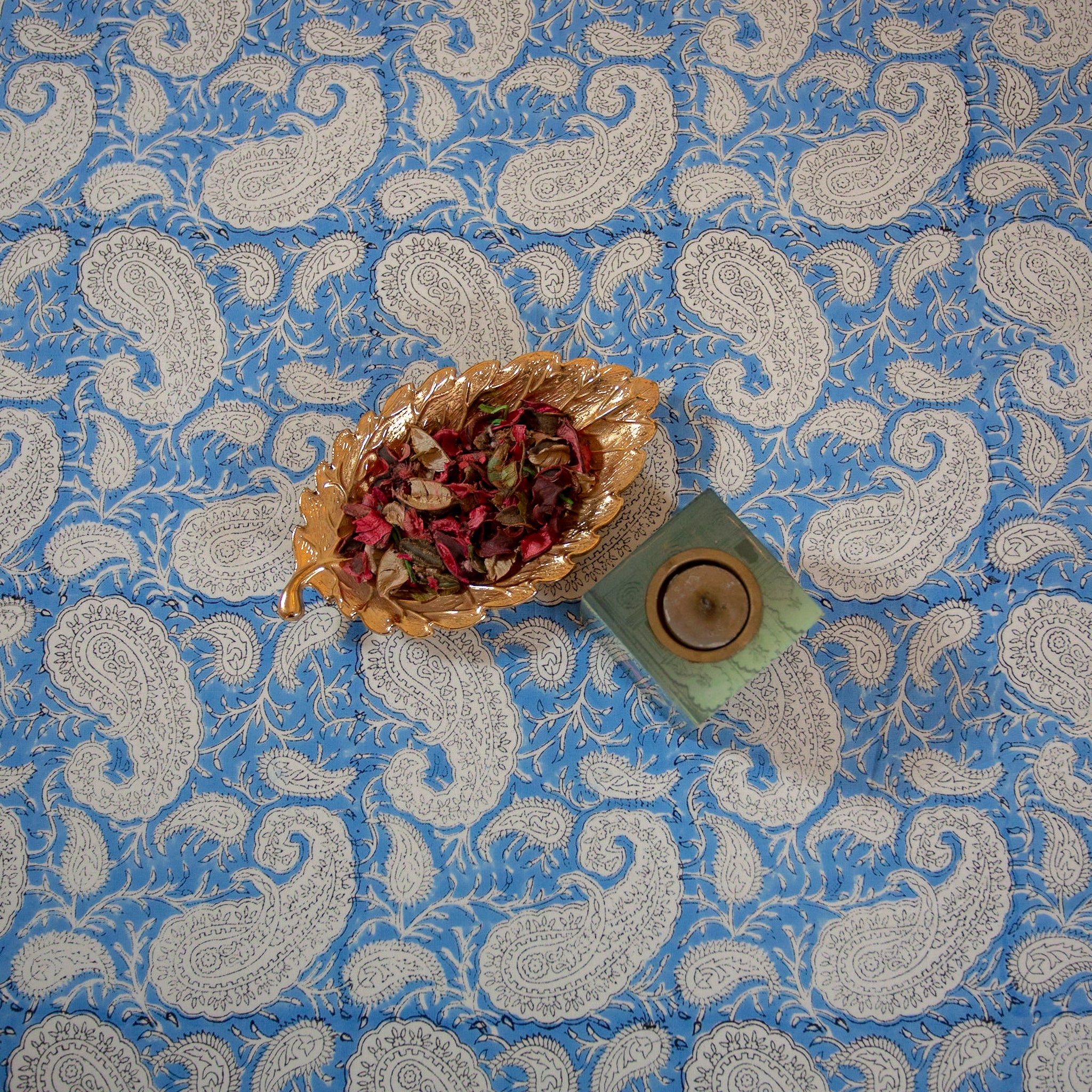 Cotton Table Cover Blue White Paisley Block Print 2