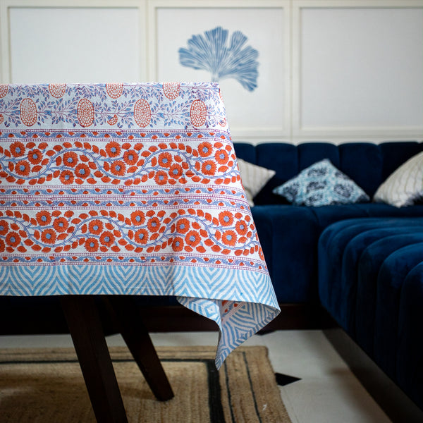 Cotton Table Cover Orange Floral Block Print 1