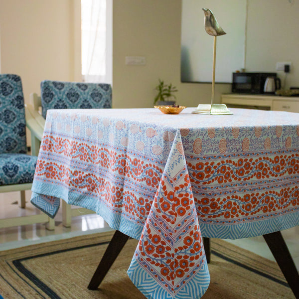 Cotton Table Cover Orange Floral Block Print
