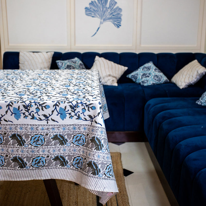 Cotton Table Cover Light Blue Jaal Block Print 1