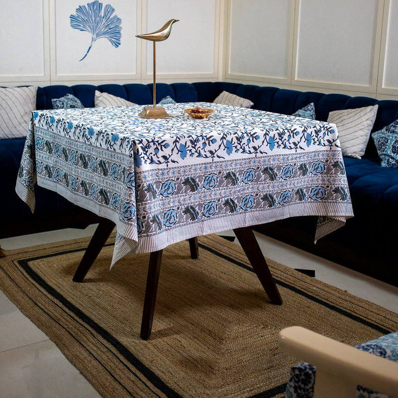 Cotton Table Cover Light Blue Jaal Block Print