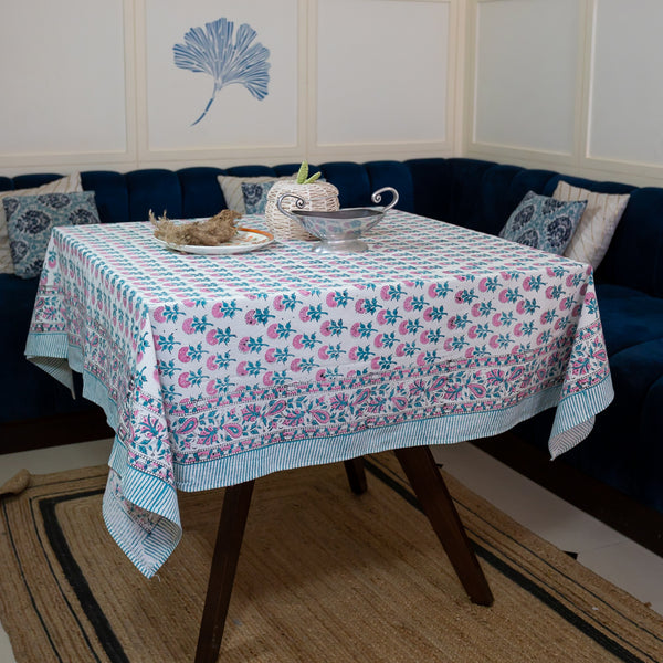 Block print table cloth - Pink floral tablecloth