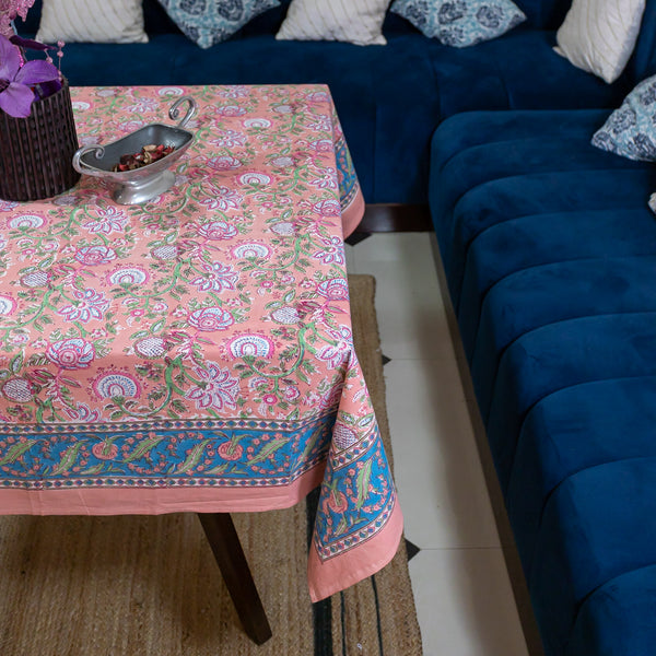 Cotton Table Cover Peach Pink Jaal Block Print