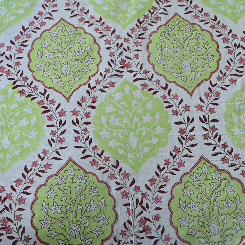 Cotton Round Table Cover Green Pink Floral Ogee Block Print