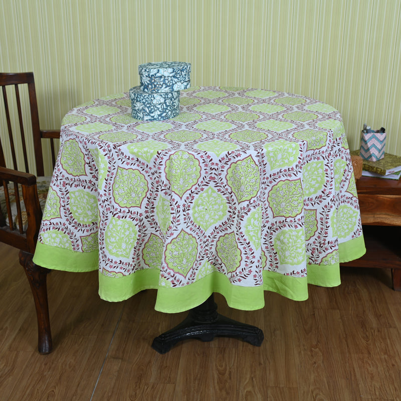 Cotton Round Table Cover Green Pink Floral Ogee Block Print