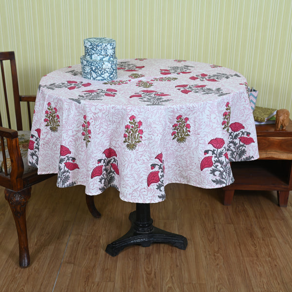 cotton round table cover red brown floral jaal block print