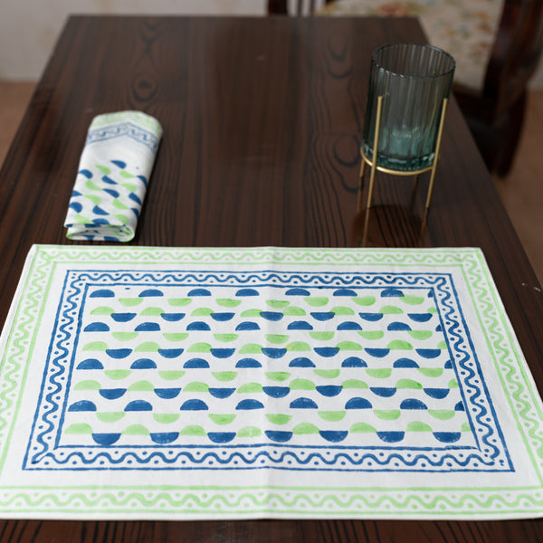 Canvas Table Mat and Napkin Set Blue Green Leher Block Print