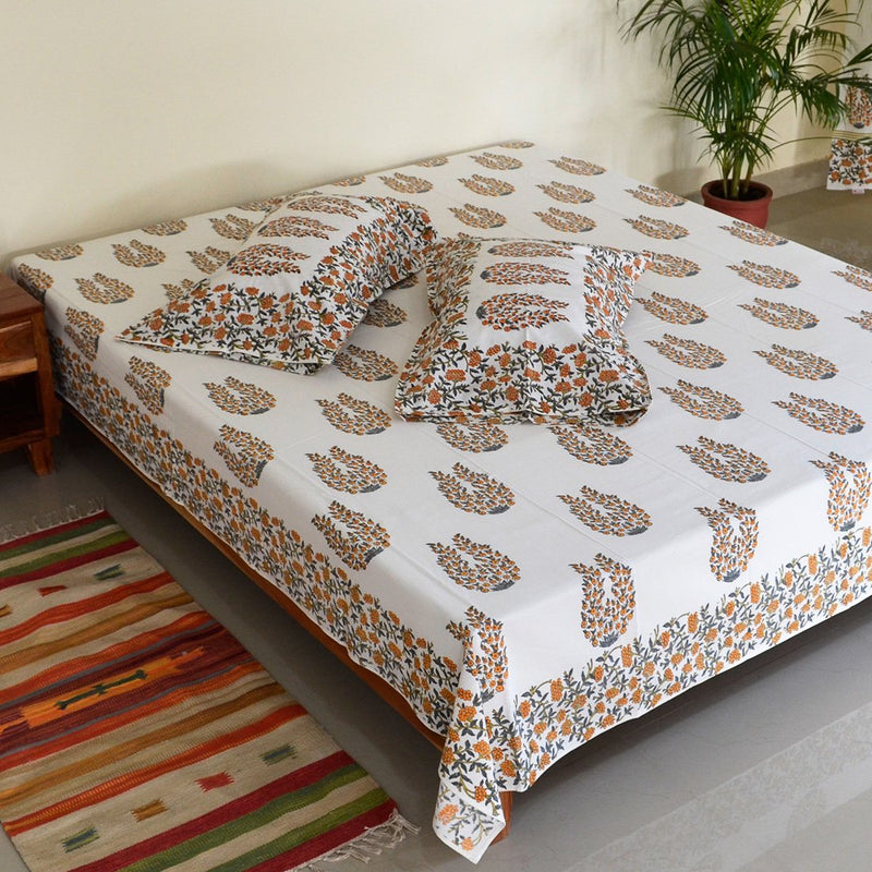 Cotton Single bedshet Orange Grey Floral Boota Block Print