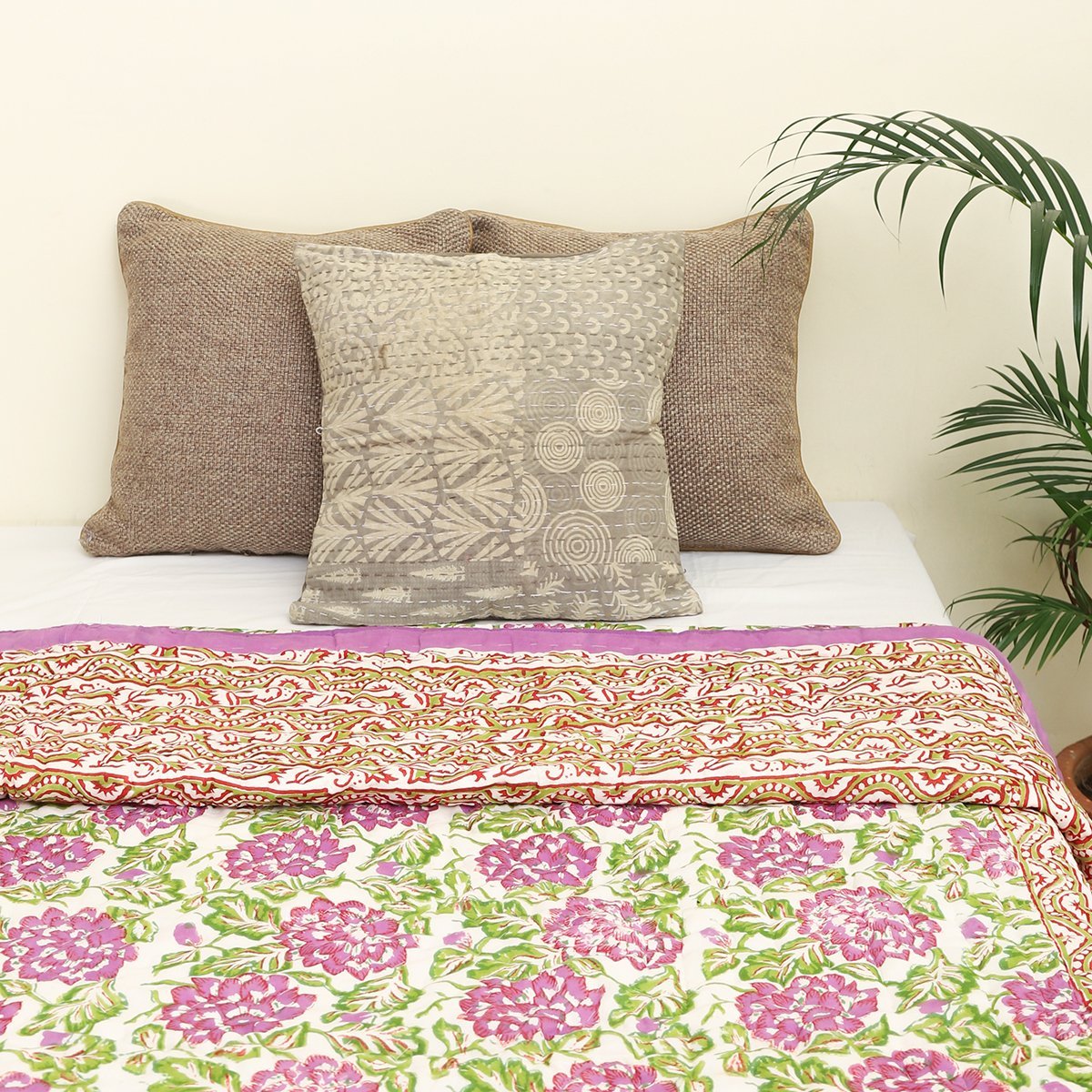 Cotton Mulmul Single Bed AC Quilt Dohar Purple Green Floral Block Print