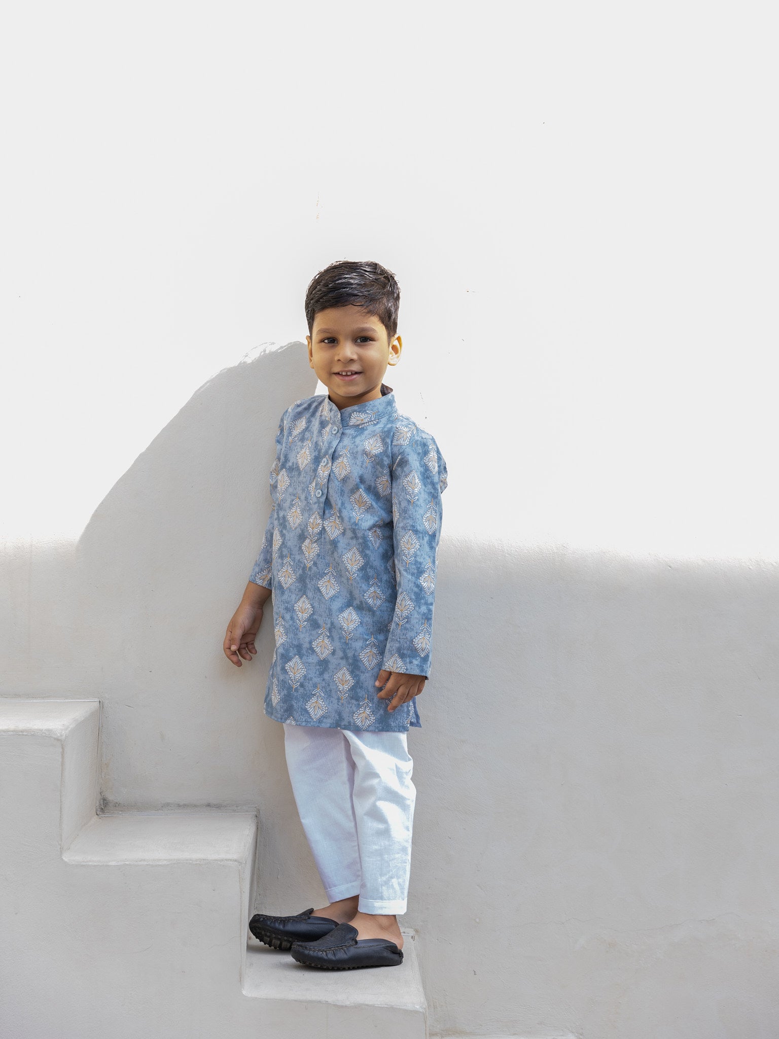Cotton Grey-White Floral Boy's Kurta Pajama Set