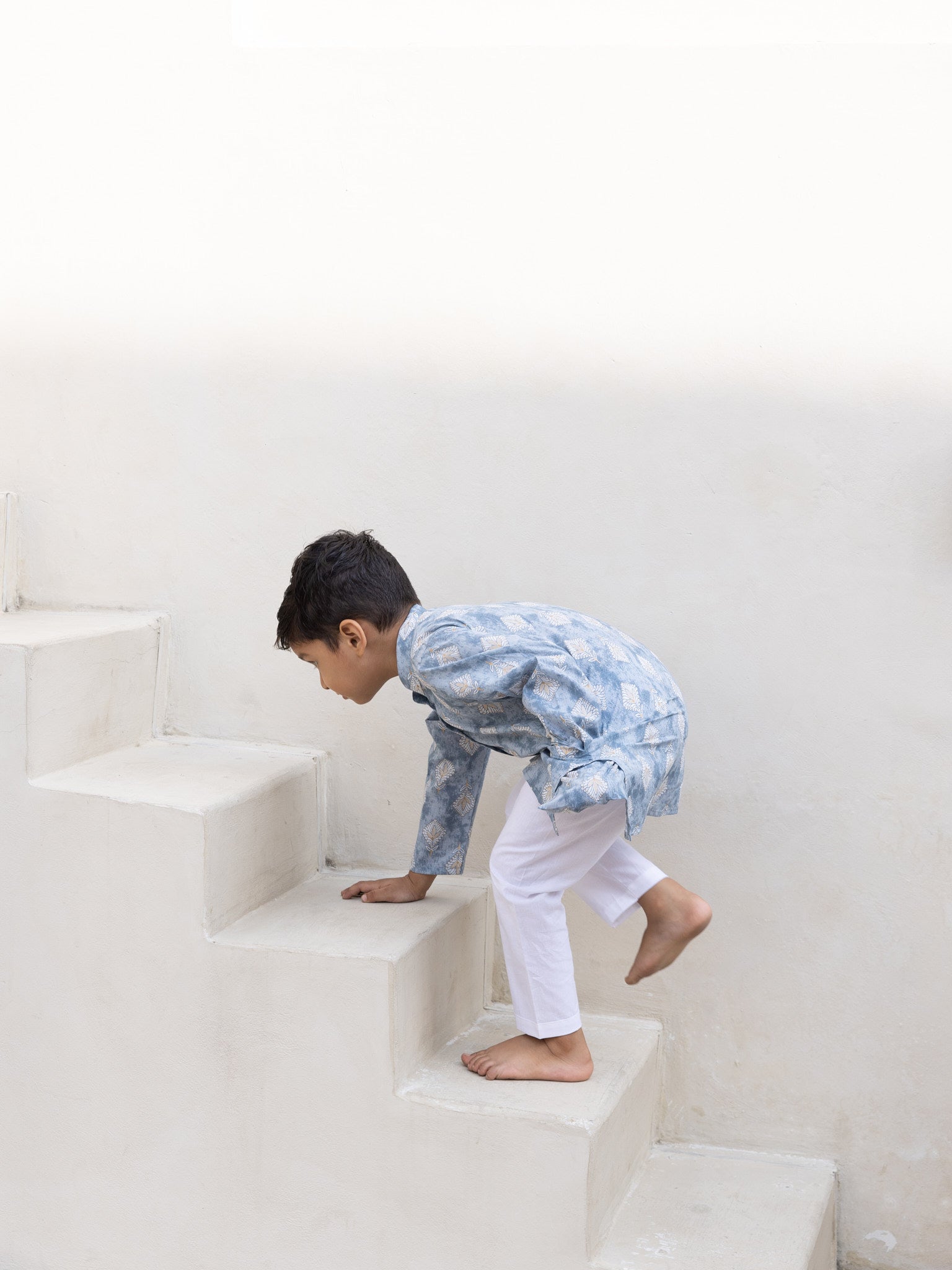 Cotton Grey-White Floral Boy's Kurta Pajama Set