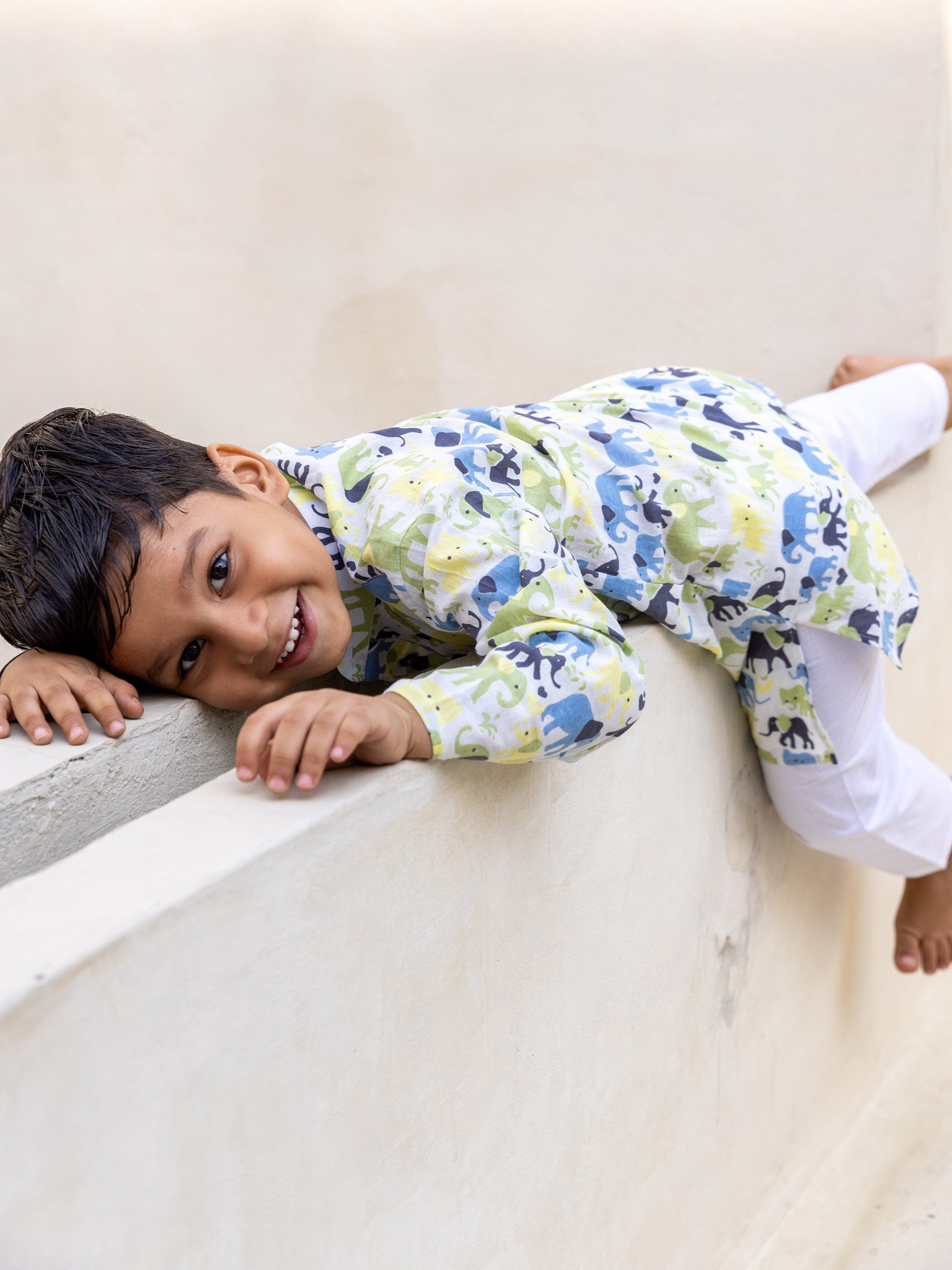 Cotton Yellow-Blue Elephant Boy Ethnic Kurta Pent
