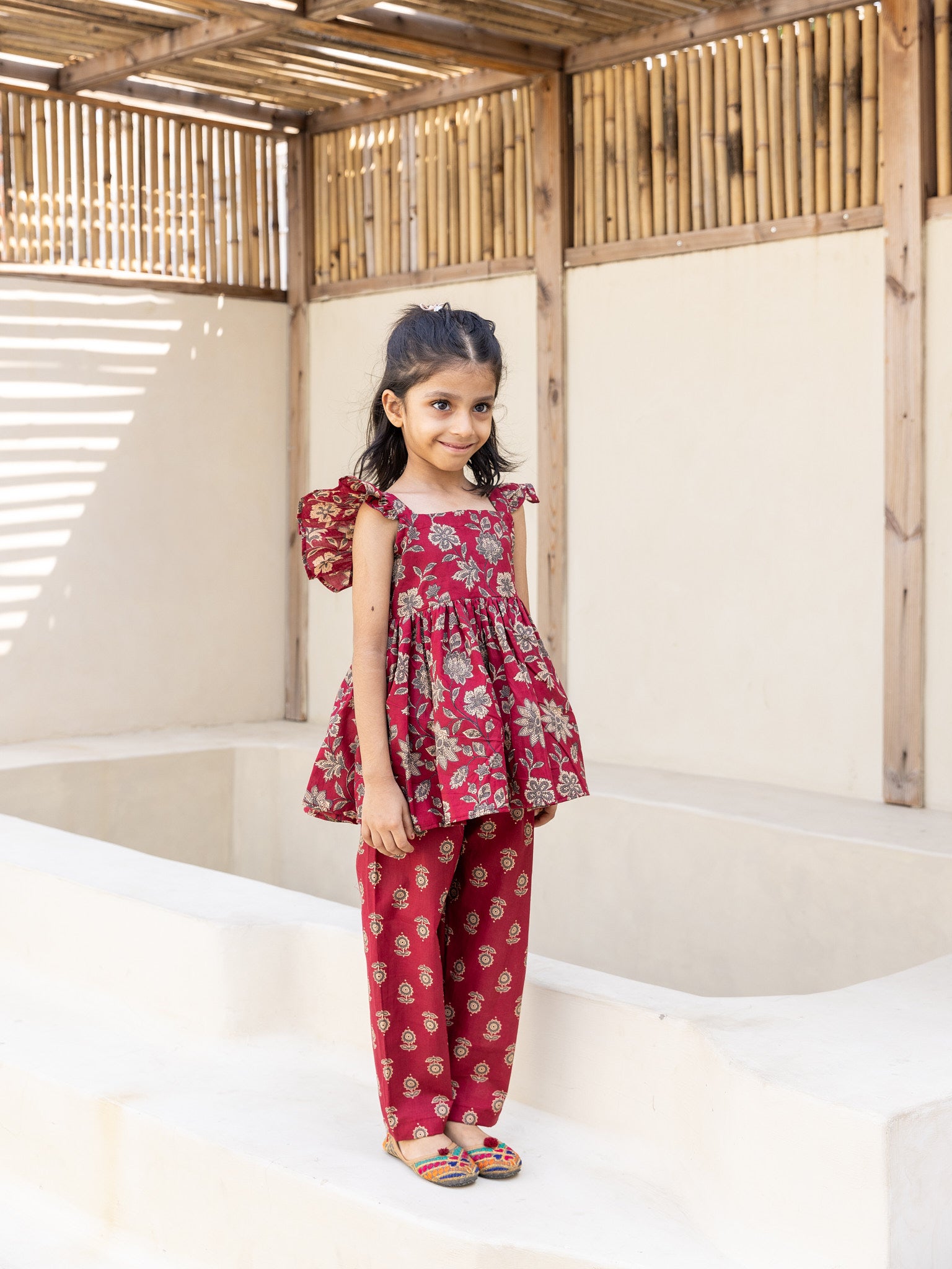Cotton Maroon-Cream Girl's Ethnic Dress