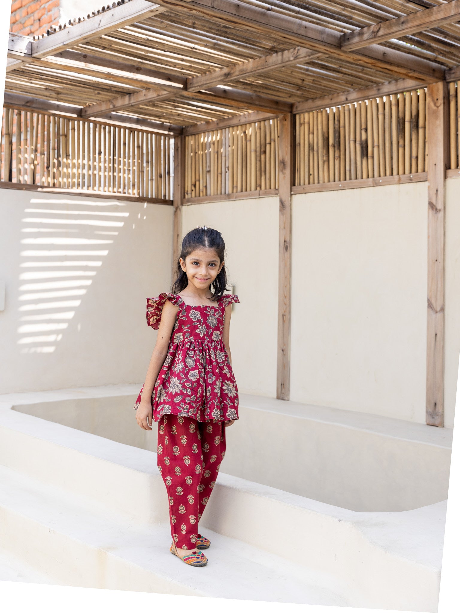 Cotton Maroon-Cream Girl's Ethnic Dress