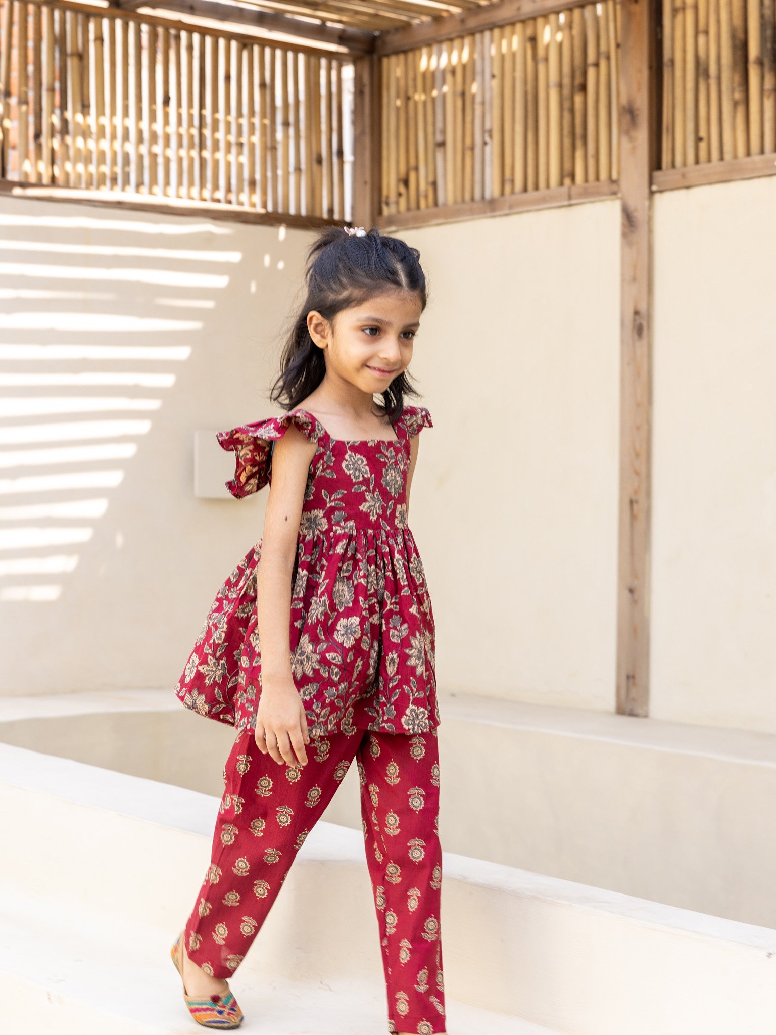 Cotton Maroon-Cream Girl's Ethnic Dress