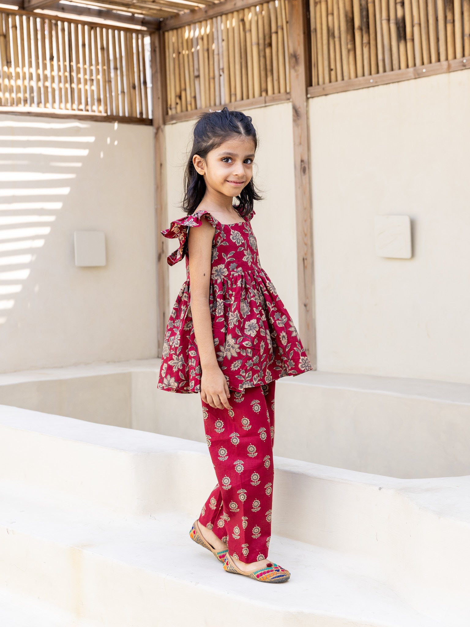 Cotton Maroon-Cream Girl's Ethnic Dress