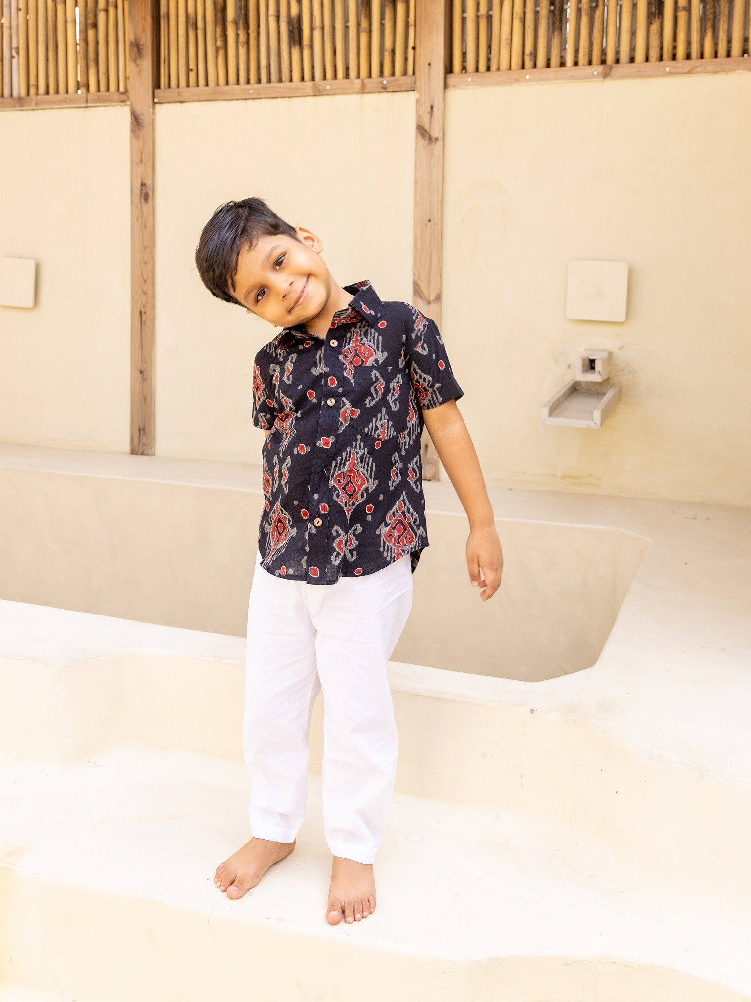 Cotton Black-Grey Block Geometric Boy Ethnic Shirt