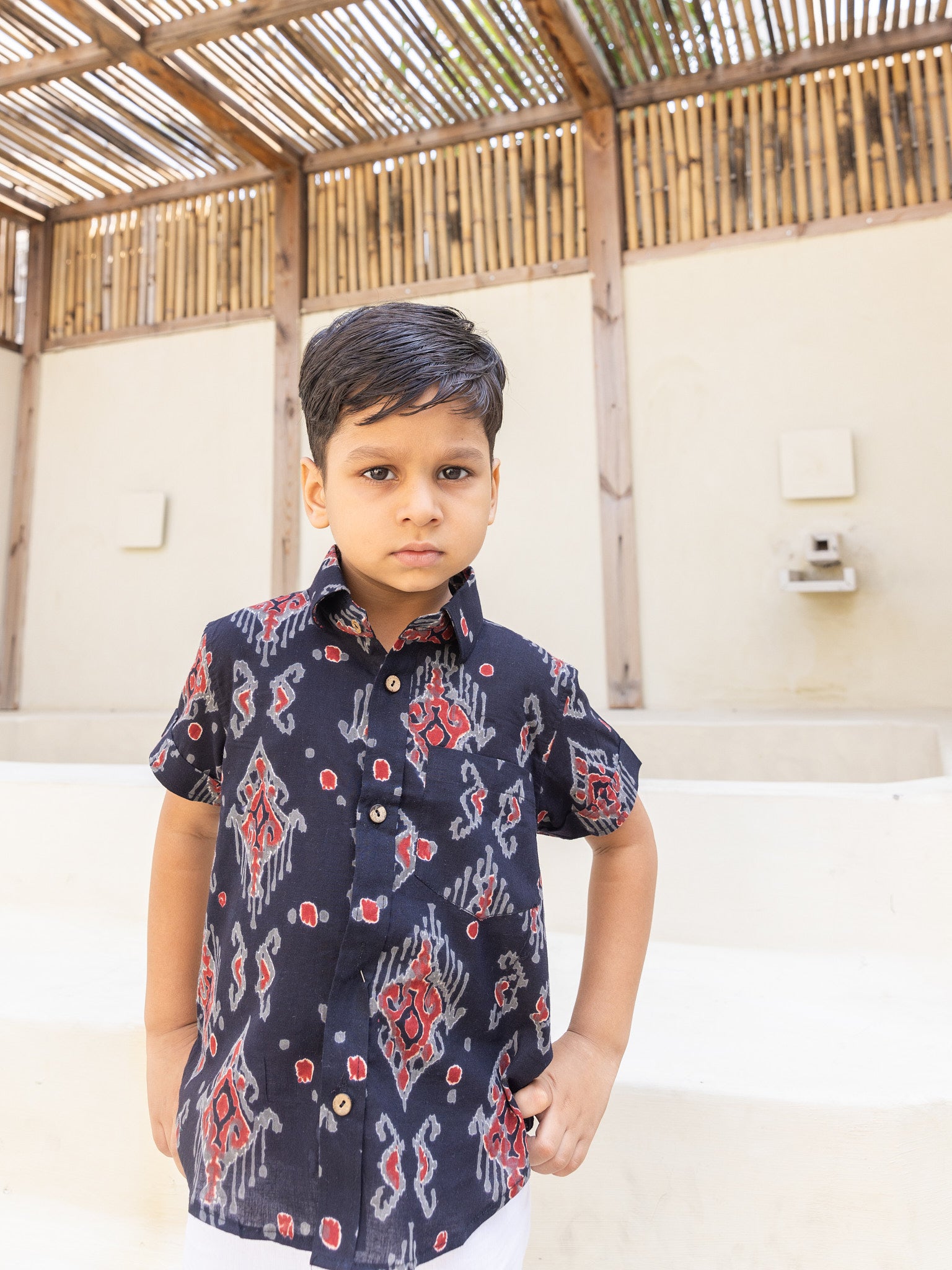 Cotton Black-Grey Block Geometric Boy Ethnic Shirt