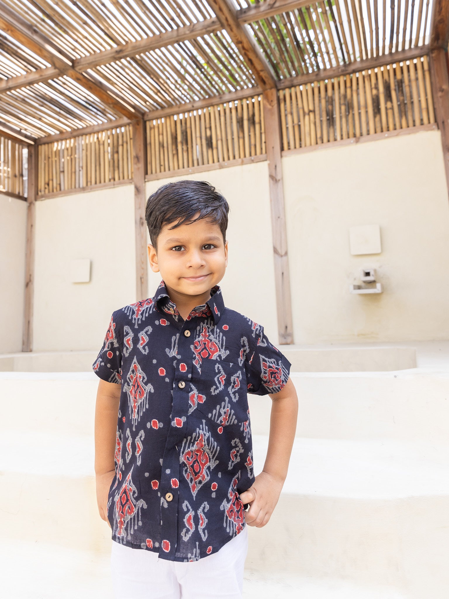 Cotton Black-Grey Block Geometric Boy Ethnic Shirt
