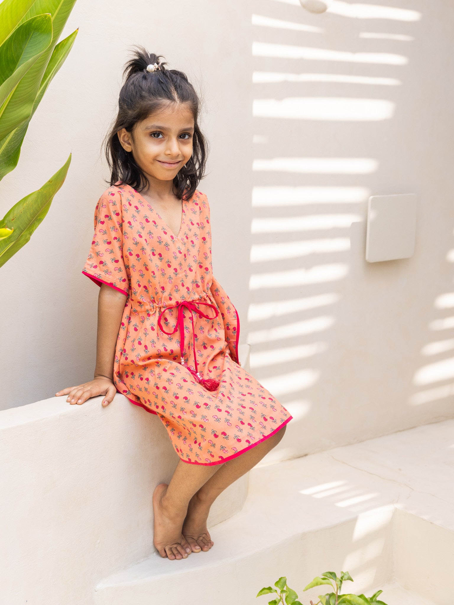 Cotton Girl's Orange Printed Kaftan Block Print