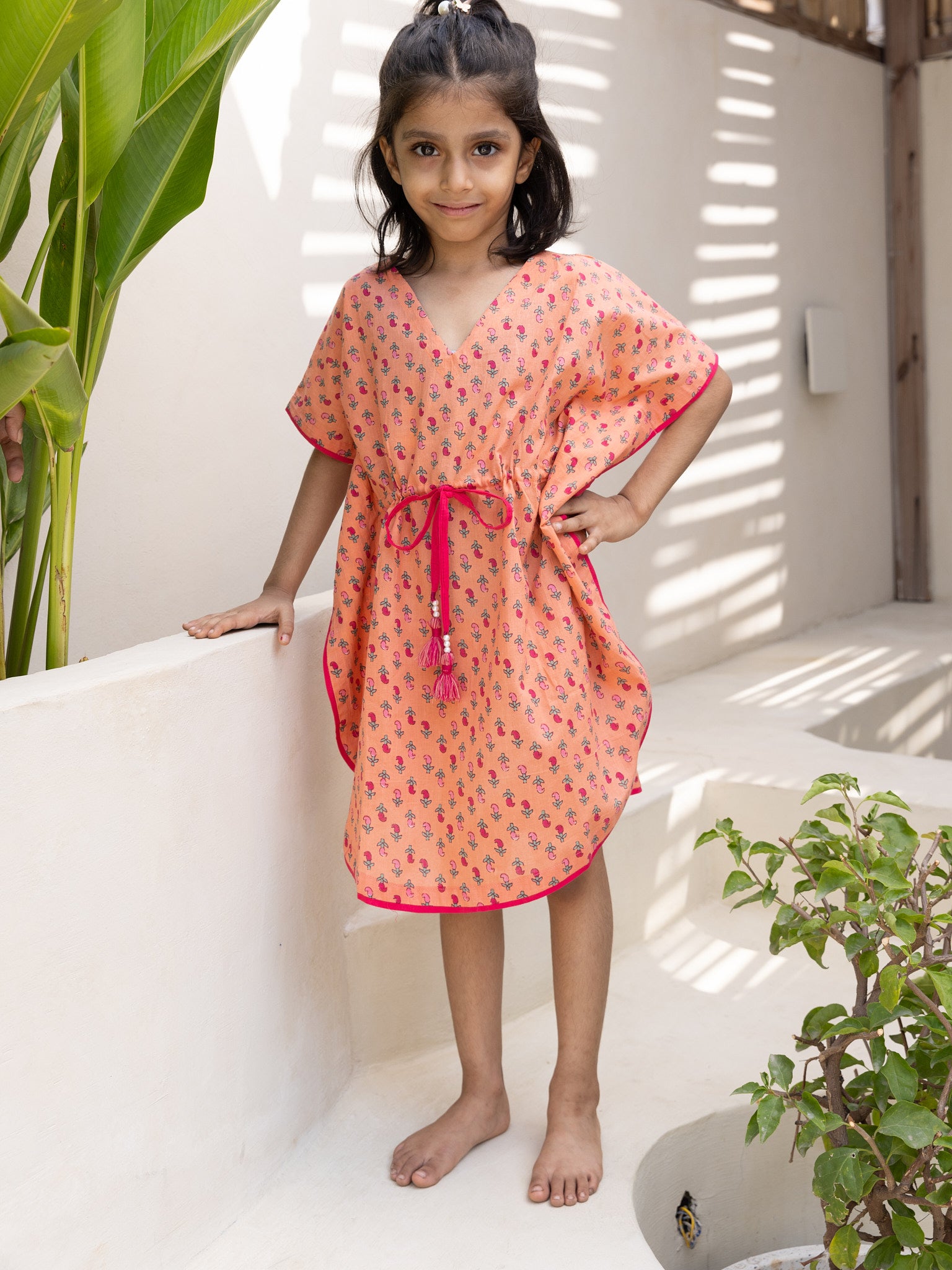 Cotton Girl's Orange Printed Kaftan Block Print