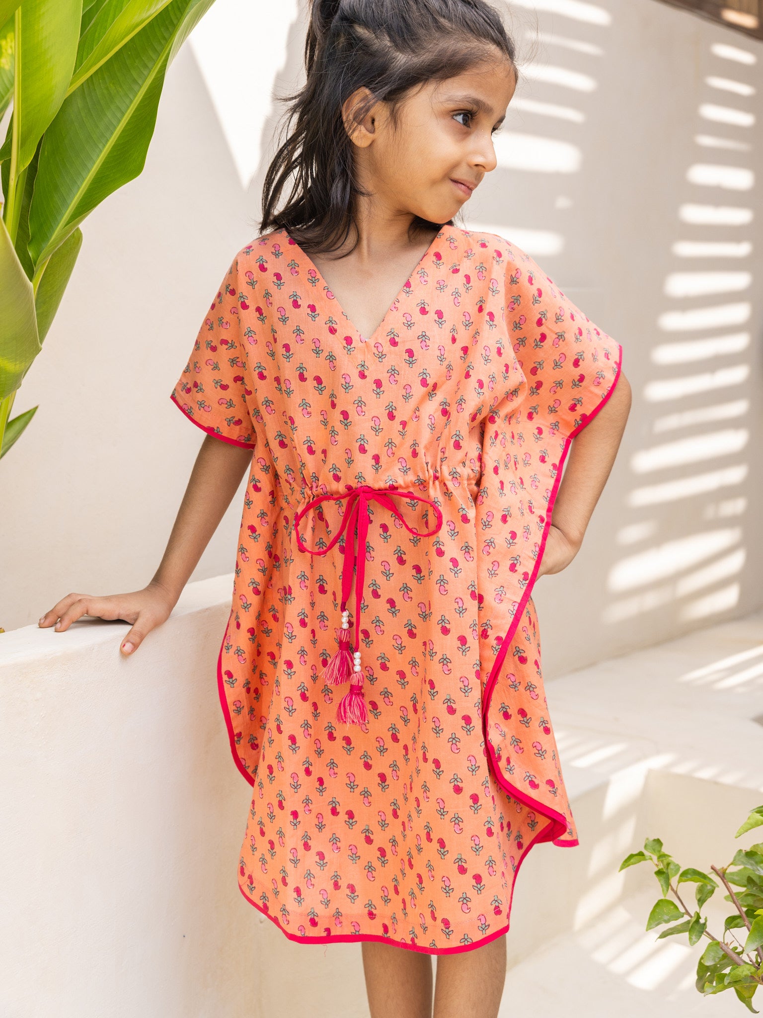 Cotton Girl's Orange Printed Kaftan Block Print