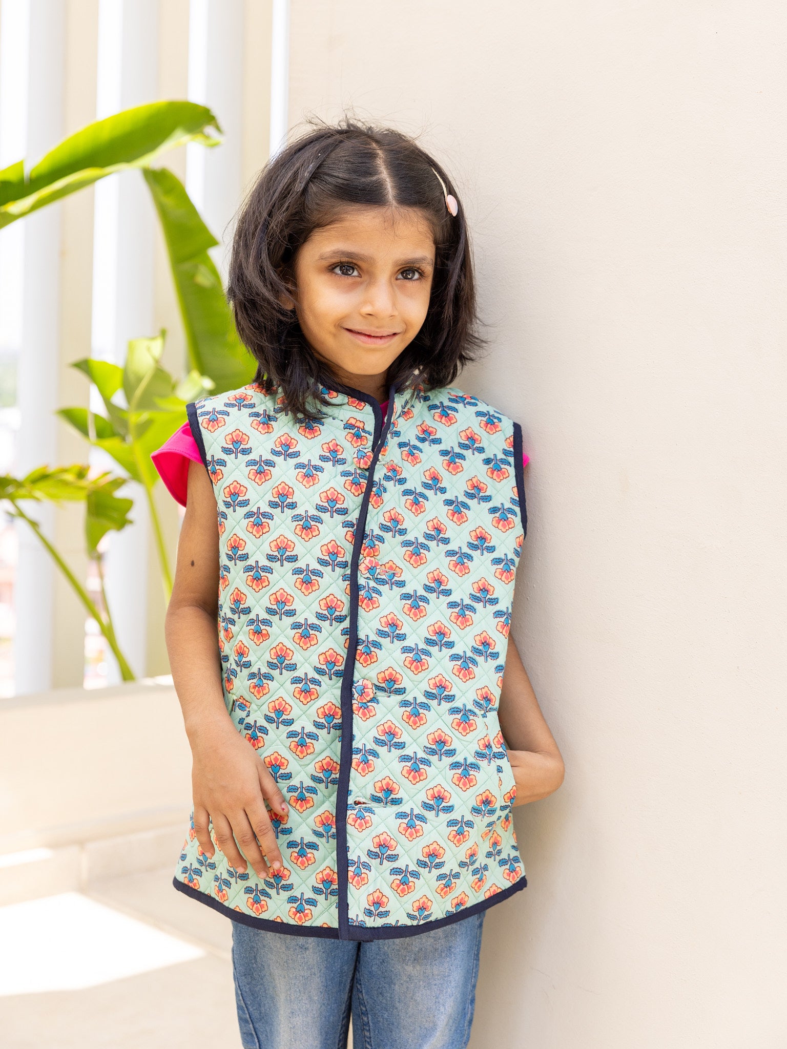 Cotton Kids Quilted Greenish Blue Orange Floral Sleevless Jacket