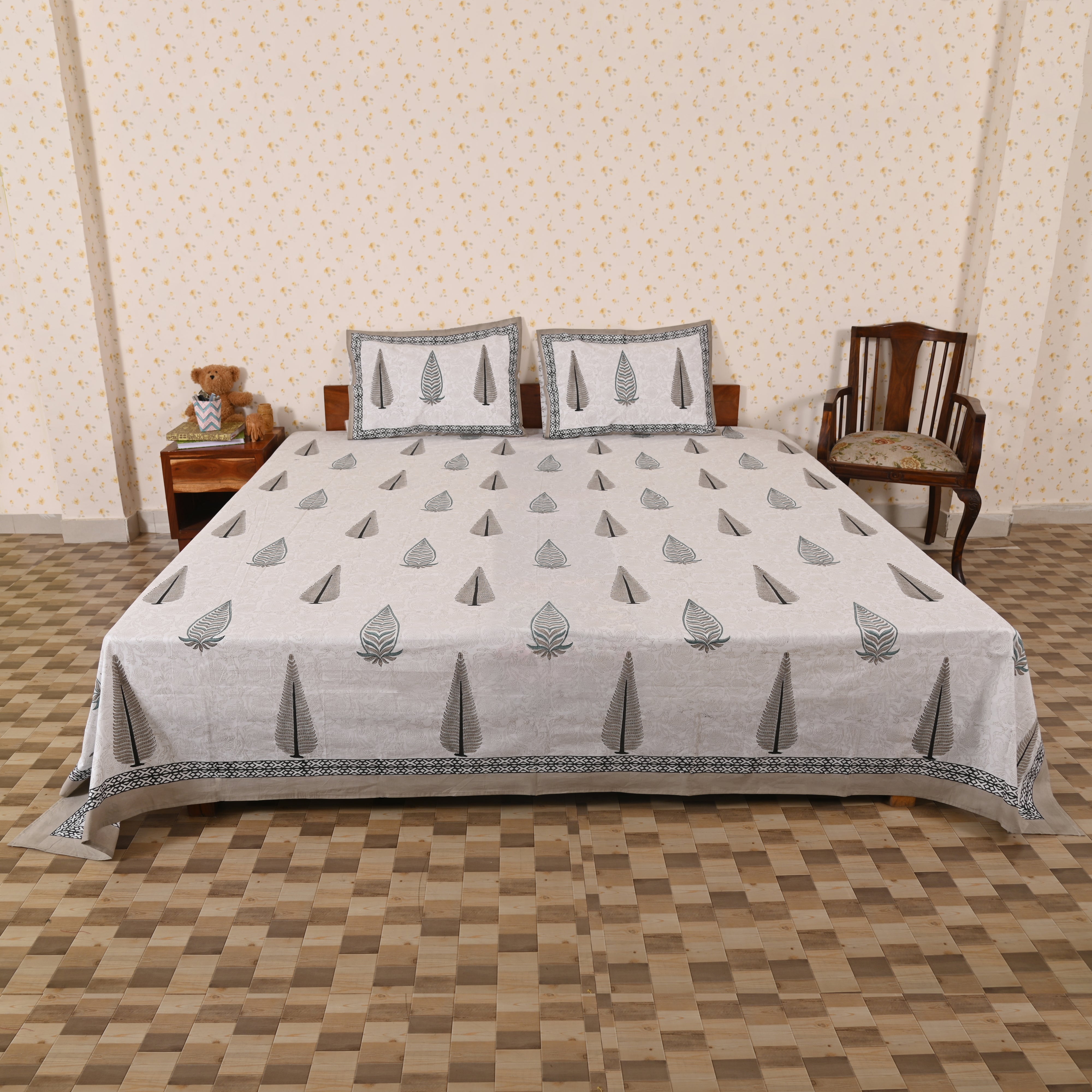 Cotton Block Print Queen Size Bedsheet | Nature's Bouquet