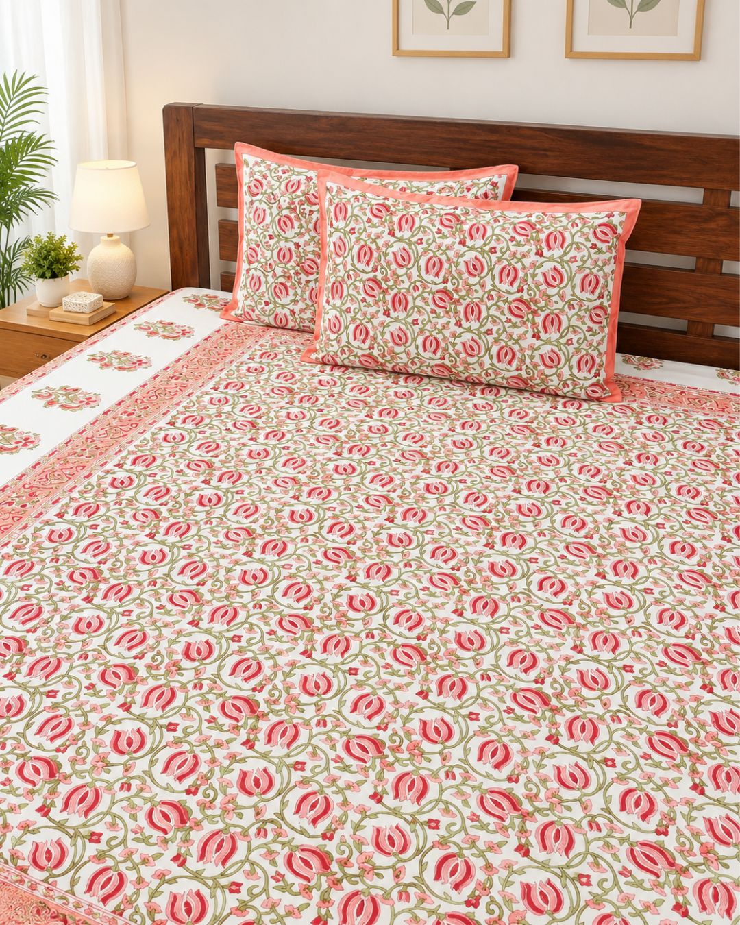 Cotton Queen Size Bedsheet – Coral Pink and Olive Green tulip Floral Block Print