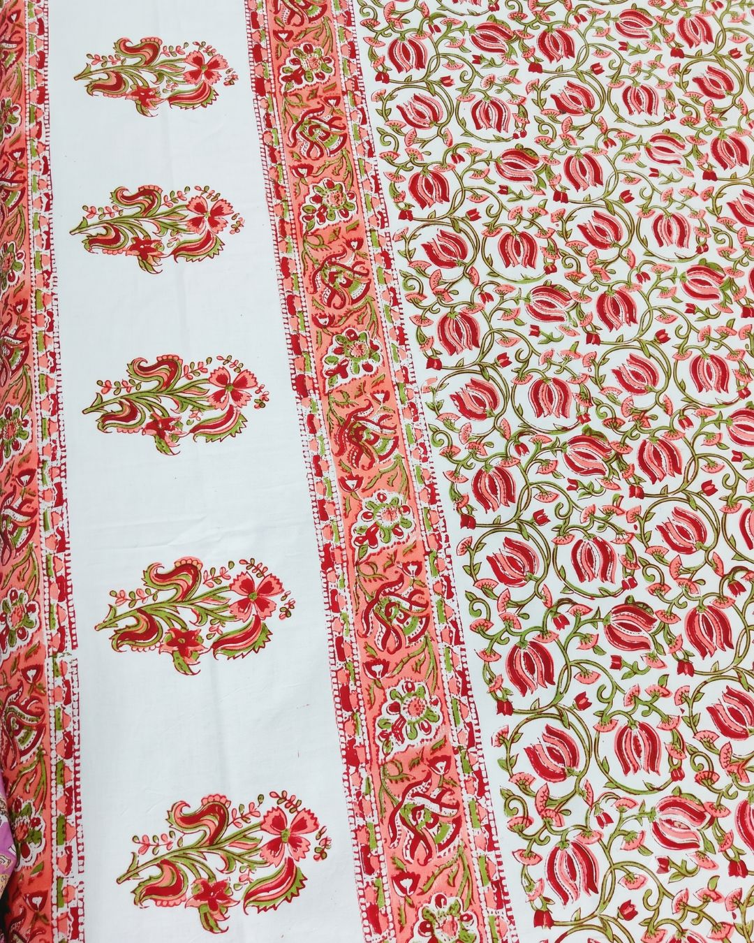 Cotton Queen Size Bedsheet – Coral Pink and Olive Green tulip Floral Block Print