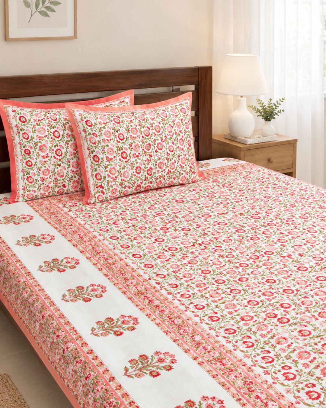 Cotton Queen Size Bedsheet – Coral Pink and Olive Green tulip Floral Block Print