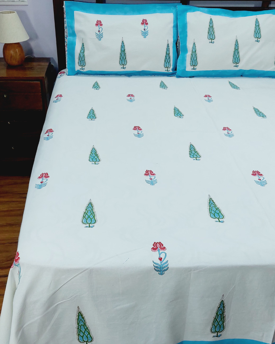 Gul Hand Block Printed Icy Blue  Bedsheet