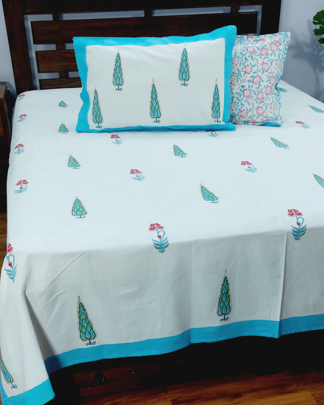 Gul Hand Block Printed Icy Blue  Bedsheet