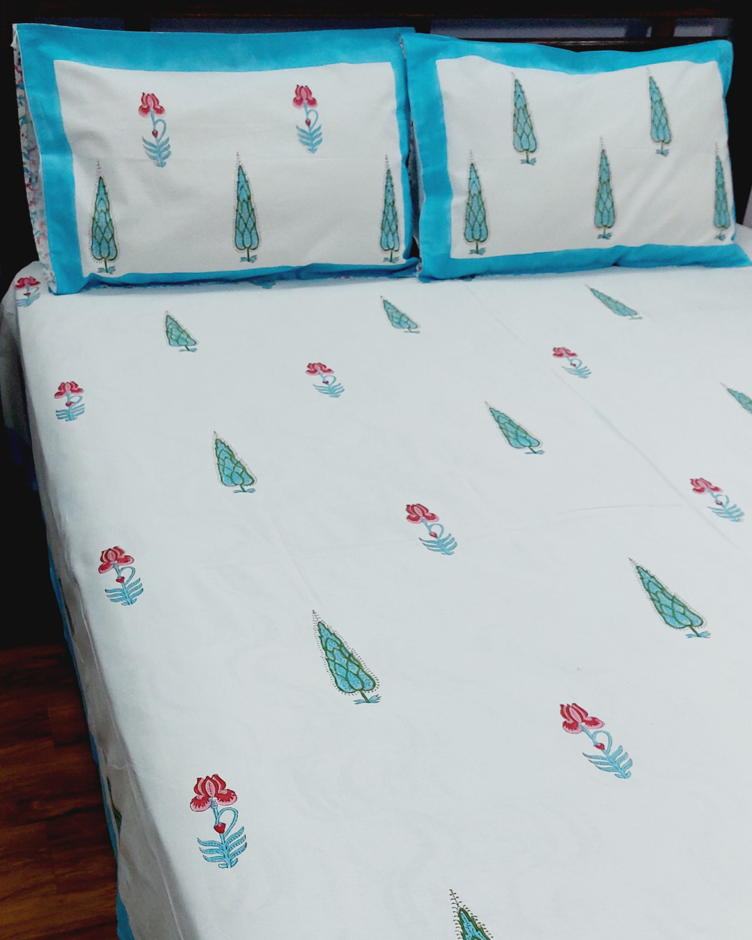 Gul Hand Block Printed Icy Blue  Bedsheet